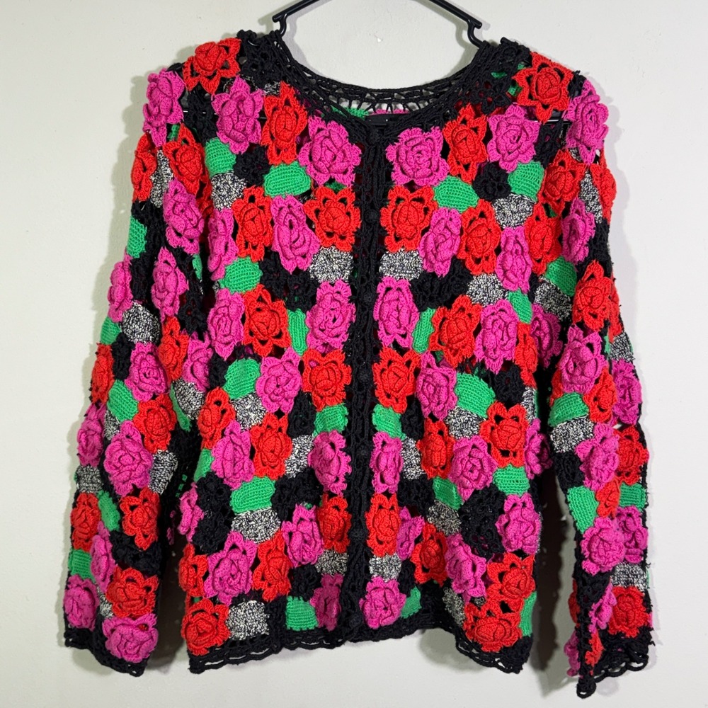 Vintage 1990s Tony Lambert Floral Crochet Cardigan 3D Rose Boho Sz M Cottagecore